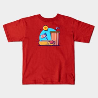 Tasty Hotdog with USA Independence Day Flag, Soda and Speech Bubble Cartoon Vector Icon Illustration Kids T-Shirt